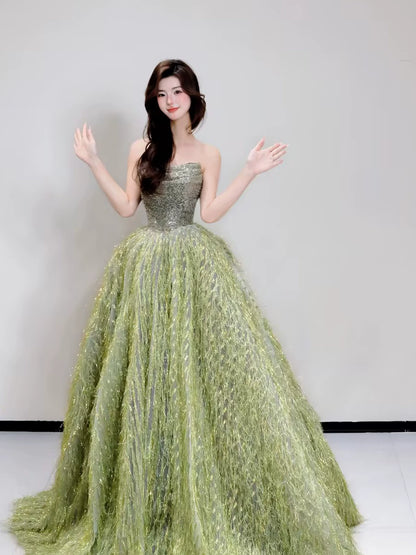 Robe de bal de princesse sans bretelles, bustier à sequins verts, inspiration pour les robes de soirée longues, tenues pour un 20e anniversaire AB2263