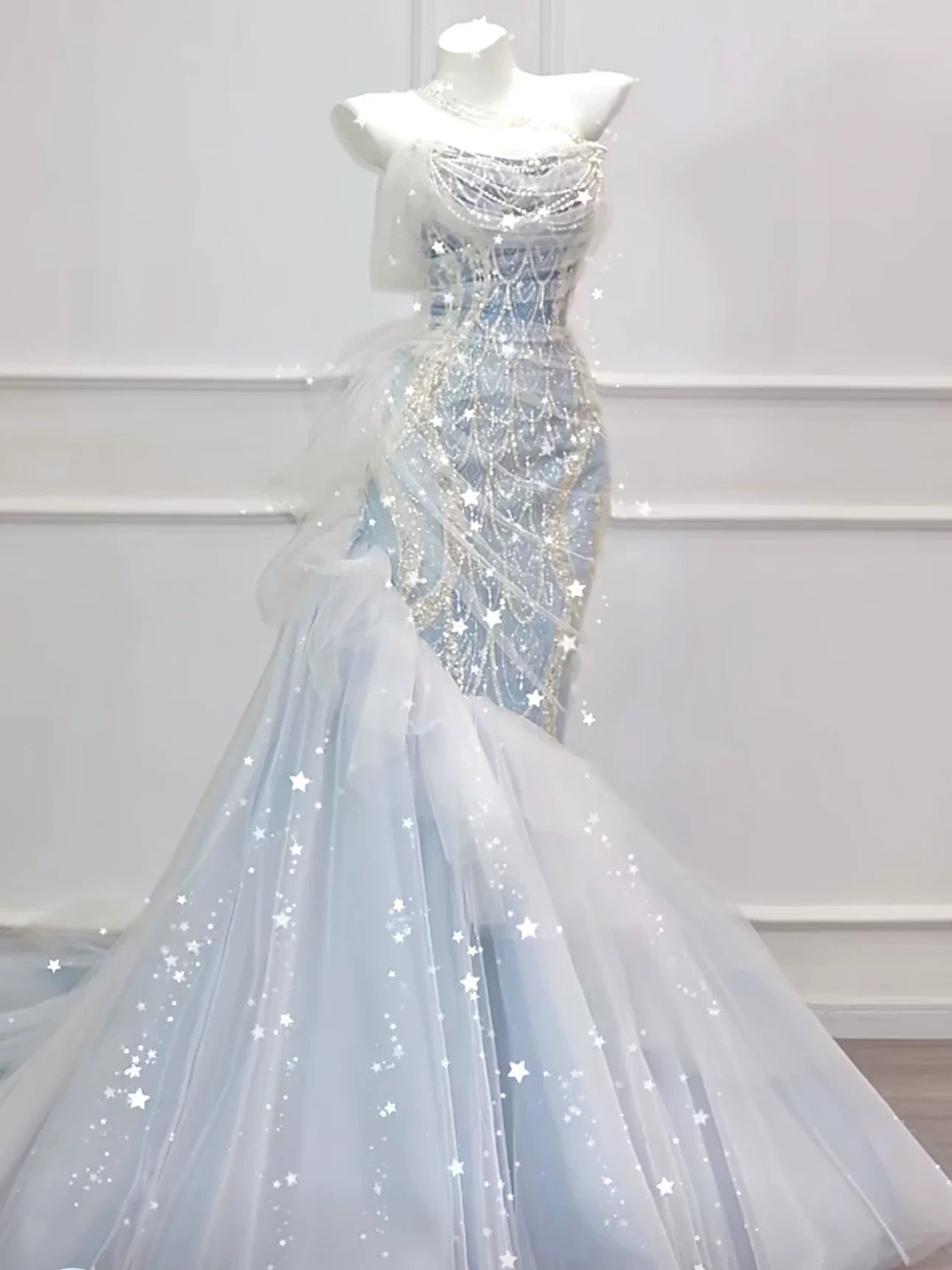 Robe de bal sirène modeste, épaules dénudées, en tulle bleu orné de perles, inspiration robe de soirée longue pour un 21e anniversaire AB2289