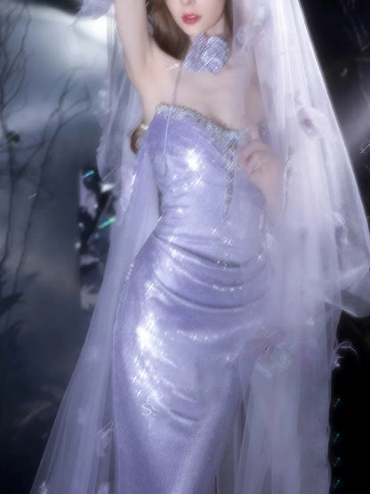 Robe de bal sirène bustier lilas à fente et sequins, inspiration robe de soirée longue pour un 21e anniversaire AB2288