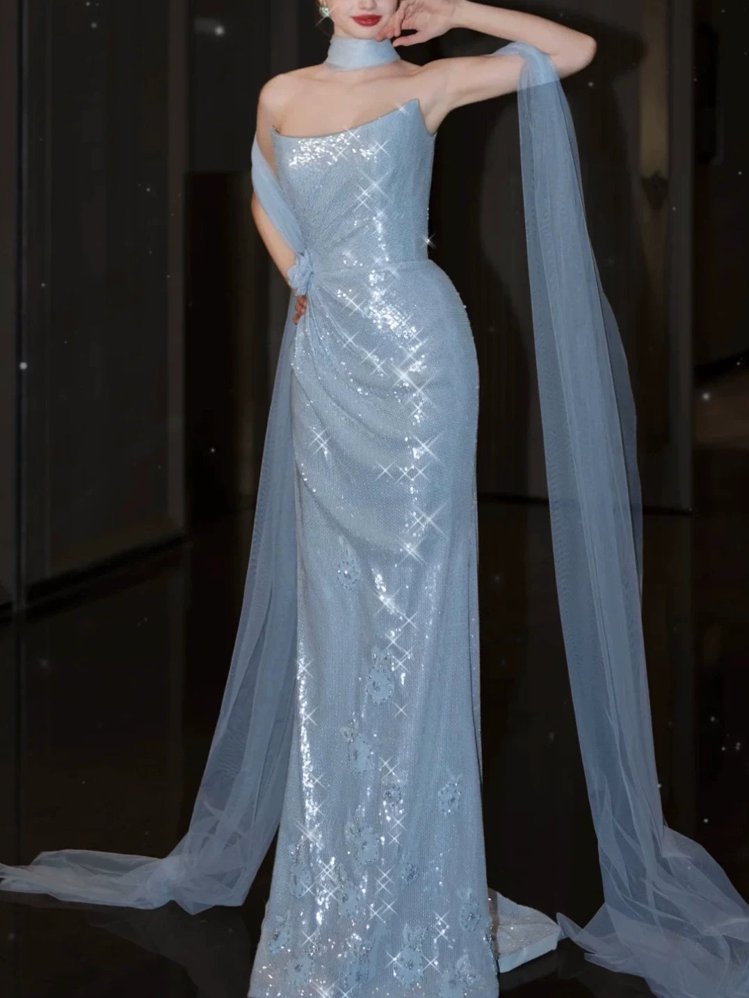 Robe de bal sirène bustier bleu à sequins avec foulard, inspiration robe de soirée longue pour un 21e anniversaire AB2290