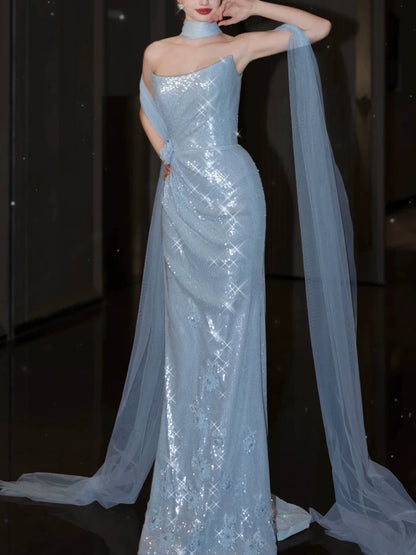 Robe de bal sirène bustier bleu à sequins avec foulard, inspiration robe de soirée longue pour un 21e anniversaire AB2290