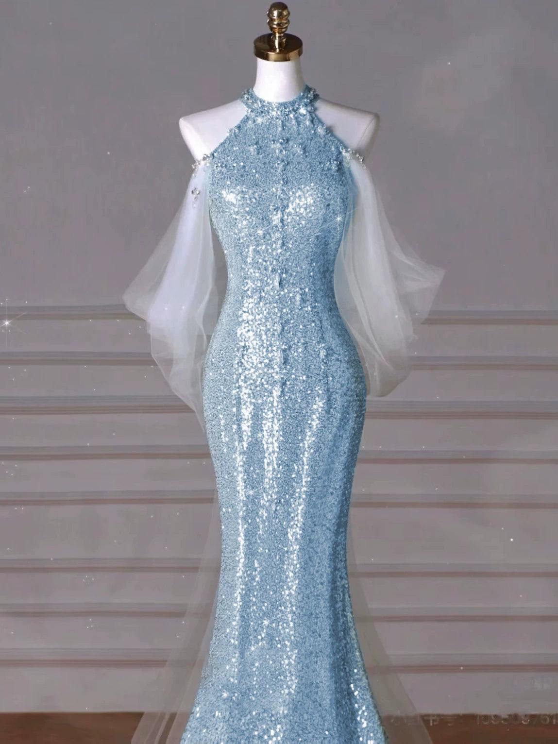 Robe de bal sirène modeste à col montant et sequins bleus, inspiration robe de soirée longue pour un 19e anniversaire AB2273