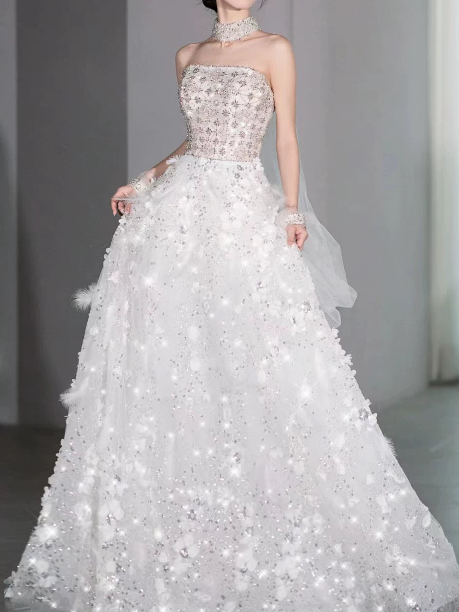 Robe de bal modeste sans bretelles à sequins blancs, inspiration robe de soirée longue pour un 21e anniversaire AB2294