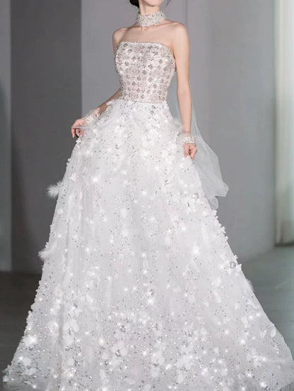 Robe de bal modeste sans bretelles à sequins blancs, inspiration robe de soirée longue pour un 21e anniversaire AB2294