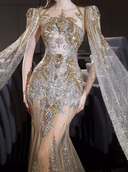 Robe de mariée sirène luxueuse à col rond et manches longues dorées avec cape et sequins, coupe ajustée AB2283