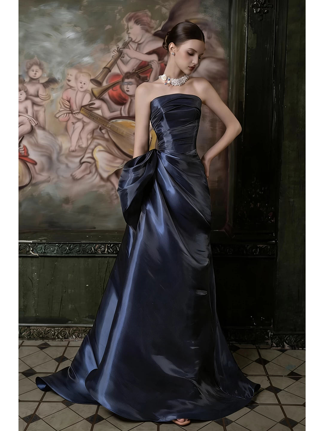 Robe de bal sirène bleu marine sans bretelles et plissée, inspiration robe de soirée longue pour un 19e anniversaire AB2268