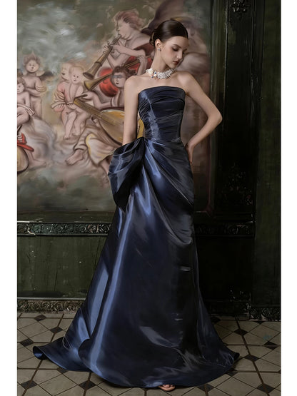 Robe de bal sirène bleu marine sans bretelles et plissée, inspiration robe de soirée longue pour un 19e anniversaire AB2268