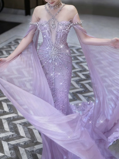 Robe de bal sirène à paillettes lilas dos nu, inspiration robe de soirée longue, tenue pour un 20e anniversaire AB2295