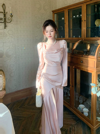 Robe de bal sirène modeste, col carré, manches longues, en satin rose, idéale pour un mariage ou un anniversaire de 16 ans (AB2446)