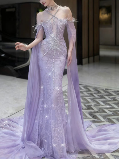 Robe de bal sirène à paillettes lilas dos nu, inspiration robe de soirée longue, tenue pour un 20e anniversaire AB2295