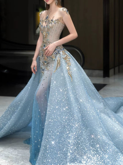 Robe de soirée sirène modeste à col rond et sequins ornés de perles, inspiration robe de bal longue pour une fête ou un anniversaire de 19 ans AB2272