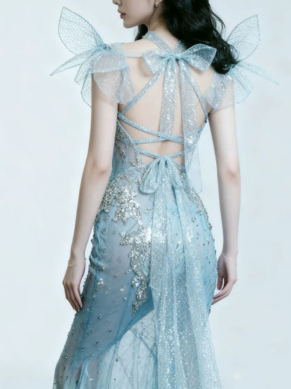 Robe de bal sirène à sequins bleus et perles, style dos nu, inspiration robe de soirée longue, tenue pour un 20e anniversaire AB2296