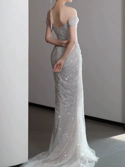 Robe de bal sirène modeste à épaules dénudées, sequins argentés et plissée, inspiration robe de soirée longue pour un 19e anniversaire AB2271
