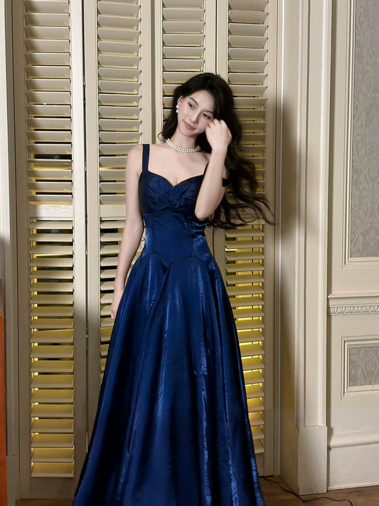 Elegant A Line Spaghetti Strap Royal Blue Ankle Length Pleated Prom Dress Aesthetic Graduation Birthday Outfits N094