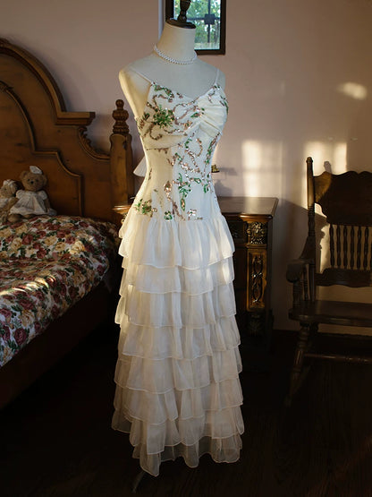 Robe de bal vintage années 60, coupe trapèze, bretelles spaghetti, volants en mousseline, inspiration robe de soirée longue, tenue pour un 18e anniversaire AB2384