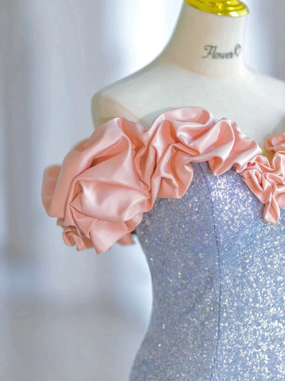 Robe de bal sirène élégante à épaules dénudées et sequins bleus, inspiration robe de soirée longue pour un 19e anniversaire AB2299