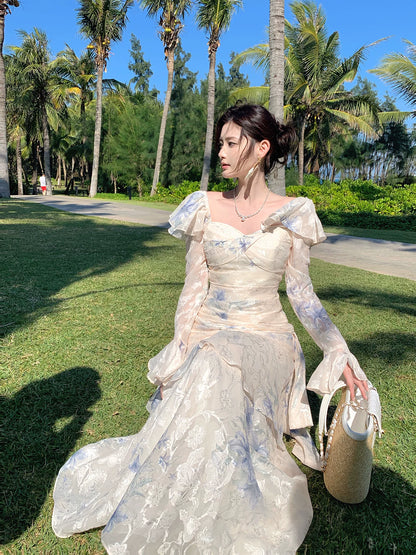 Robe de bal sirène élégante à col carré et manches longues en mousseline bleue à imprimé floral, idéale pour une soirée d'anniversaire ou un 16e anniversaire (AB2466)