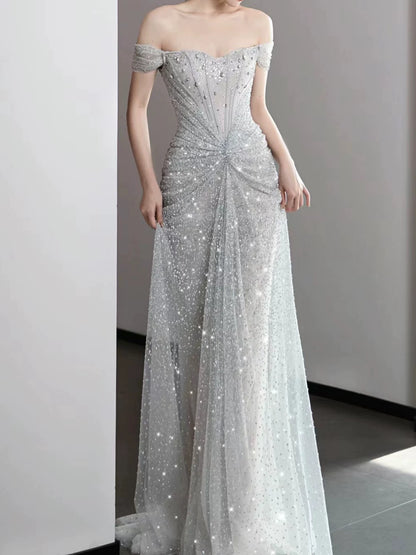Robe de bal sirène modeste à épaules dénudées, sequins argentés et plissée, inspiration robe de soirée longue pour un 19e anniversaire AB2271