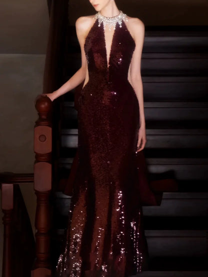 Robe de bal sirène modeste à col montant et sequins bordeaux, inspiration robe de soirée longue pour un 21e anniversaire AB2293