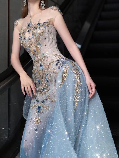 Robe de soirée sirène modeste à col rond et sequins ornés de perles, inspiration robe de bal longue pour une fête ou un anniversaire de 19 ans AB2272