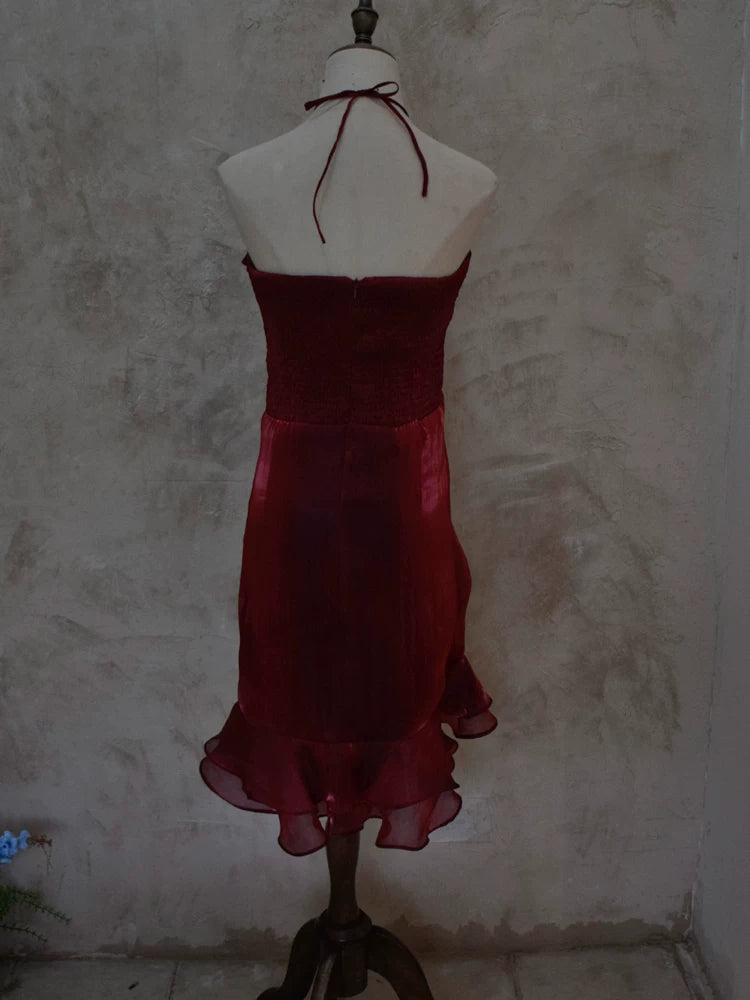 Vintage Etuikleid mit Neckholder, burgunderrot, kurzes Cocktailkleid, Outfit für den 16. Geburtstag, Homecoming-Kleid, Abendkleid AB2382