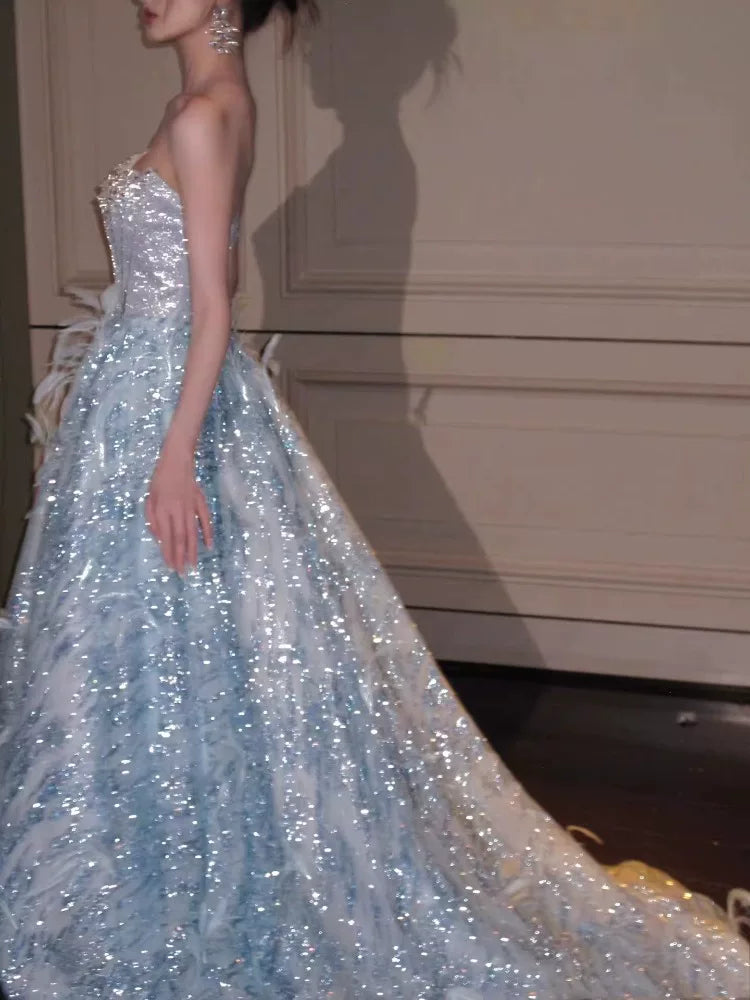Robe de bal bustier bleu clair à sequins et perles, inspiration robe de soirée longue, tenue pour un 20e anniversaire AB2234