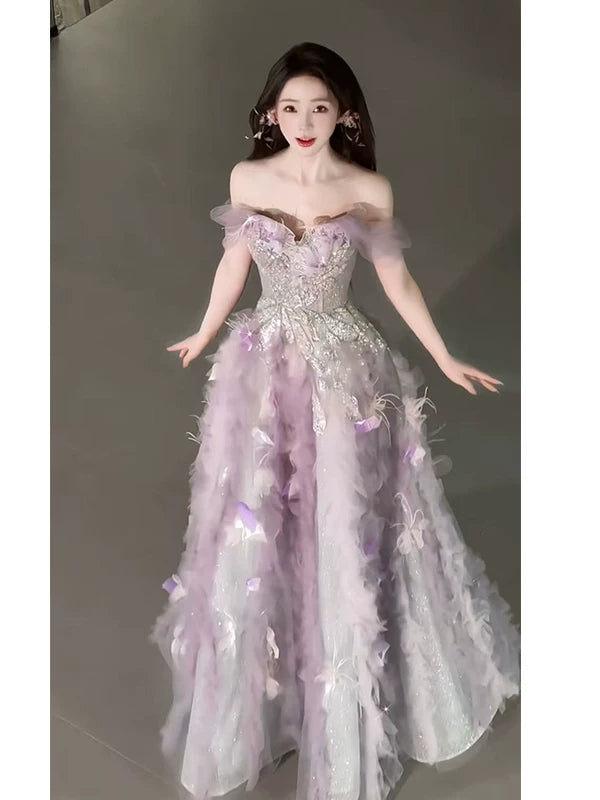 Robe de bal rose en tulle à épaules dénudées, inspiration pour une longue soirée ou un anniversaire (20 ans) AB2238