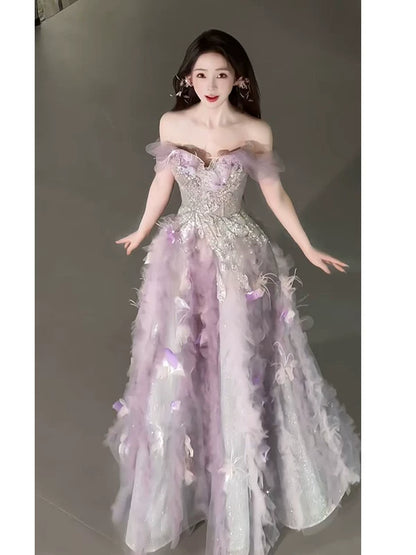 Robe de bal rose en tulle à épaules dénudées, inspiration pour une longue soirée ou un anniversaire (20 ans) AB2238