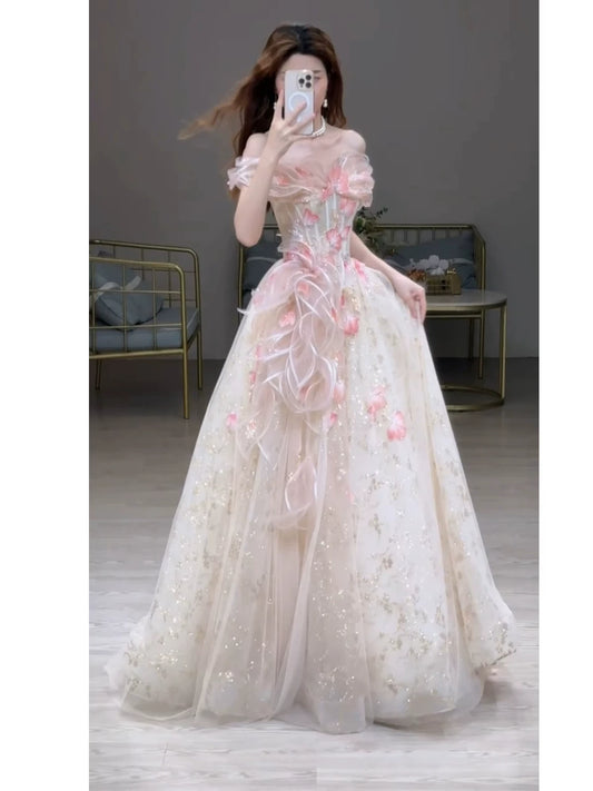 Prinzessinnen-Ballkleid, schulterfrei, Tüll, rosa, Inspiration für lange Party-Nachtkleider, Outfits zum 20. Geburtstag AB2236