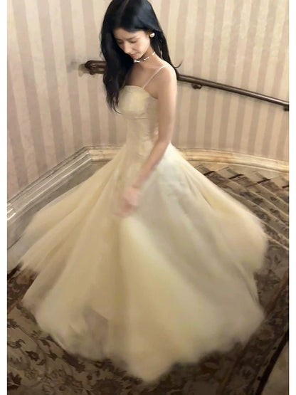 Robe de bal simple en dentelle, longueur cheville, bretelles spaghetti, coupe trapèze, idéale pour une soirée d'anniversaire ou un 17e anniversaire (AB2510)