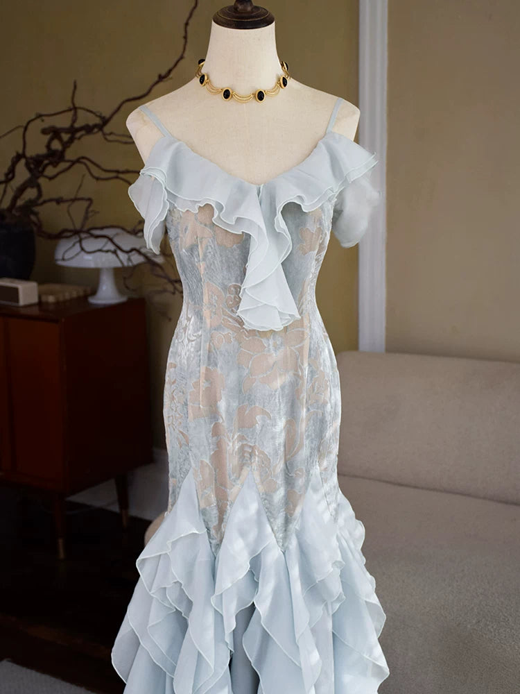 Robe de bal sirène vintage années 1960, bretelles spaghetti, mousseline bleu ciel clair, inspiration robe de soirée longue, tenue pour un 18e anniversaire AB2388