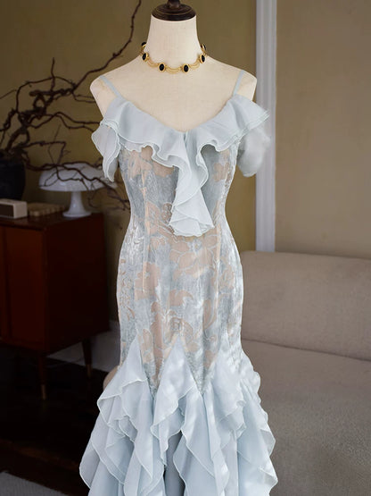 Robe de bal sirène vintage années 1960, bretelles spaghetti, mousseline bleu ciel clair, inspiration robe de soirée longue, tenue pour un 18e anniversaire AB2388