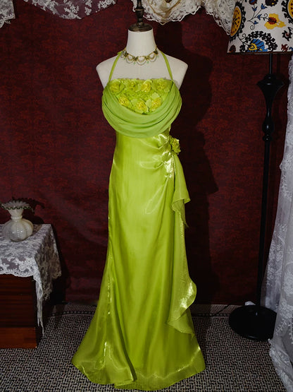Robe de bal longue vintage années 90, coupe trapèze, col halter fleuri, inspiration robe de soirée rétro tenue d'anniversaire 21 ans AB2375