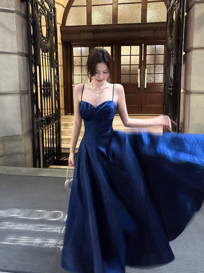 Robe de bal longue bleu roi en satin, coupe trapèze, bretelles spaghetti, sexy, idéale pour un mariage ou un 20e anniversaire (AB2482)