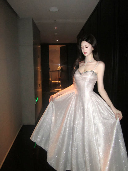 Robe de bal rose à sequins, coupe trapèze, bretelles spaghetti, style modeste, idéale pour un mariage ou un 20e anniversaire (AB2463)