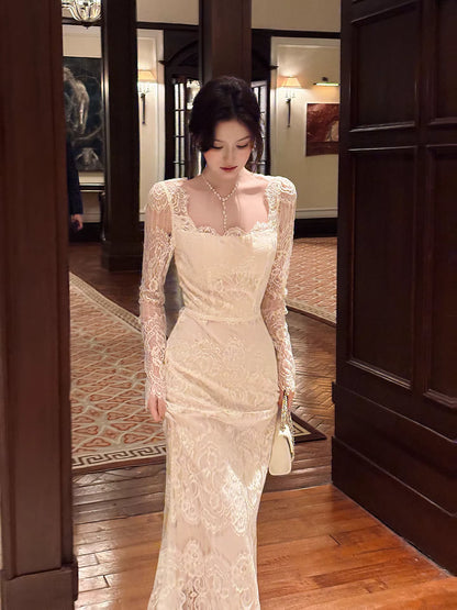 Robe de bal sirène sexy, col carré, dentelle blanche, manches longues, longueur cheville, robe d'invitée de mariage, tenue pour un 22e anniversaire AB2491
