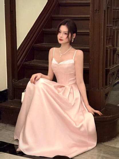 Robe de bal élégante en satin rose, coupe trapèze, bretelles spaghetti, longueur cheville, idéale pour une soirée d'anniversaire ou un 17e anniversaire (AB2497)