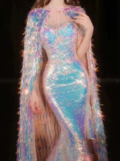 Sparkly Mermaid Sweetheart Sequins With Cape Prom Dresses Inspiration Long Party Night Gowns 20th Birthday Outfits AB2297
