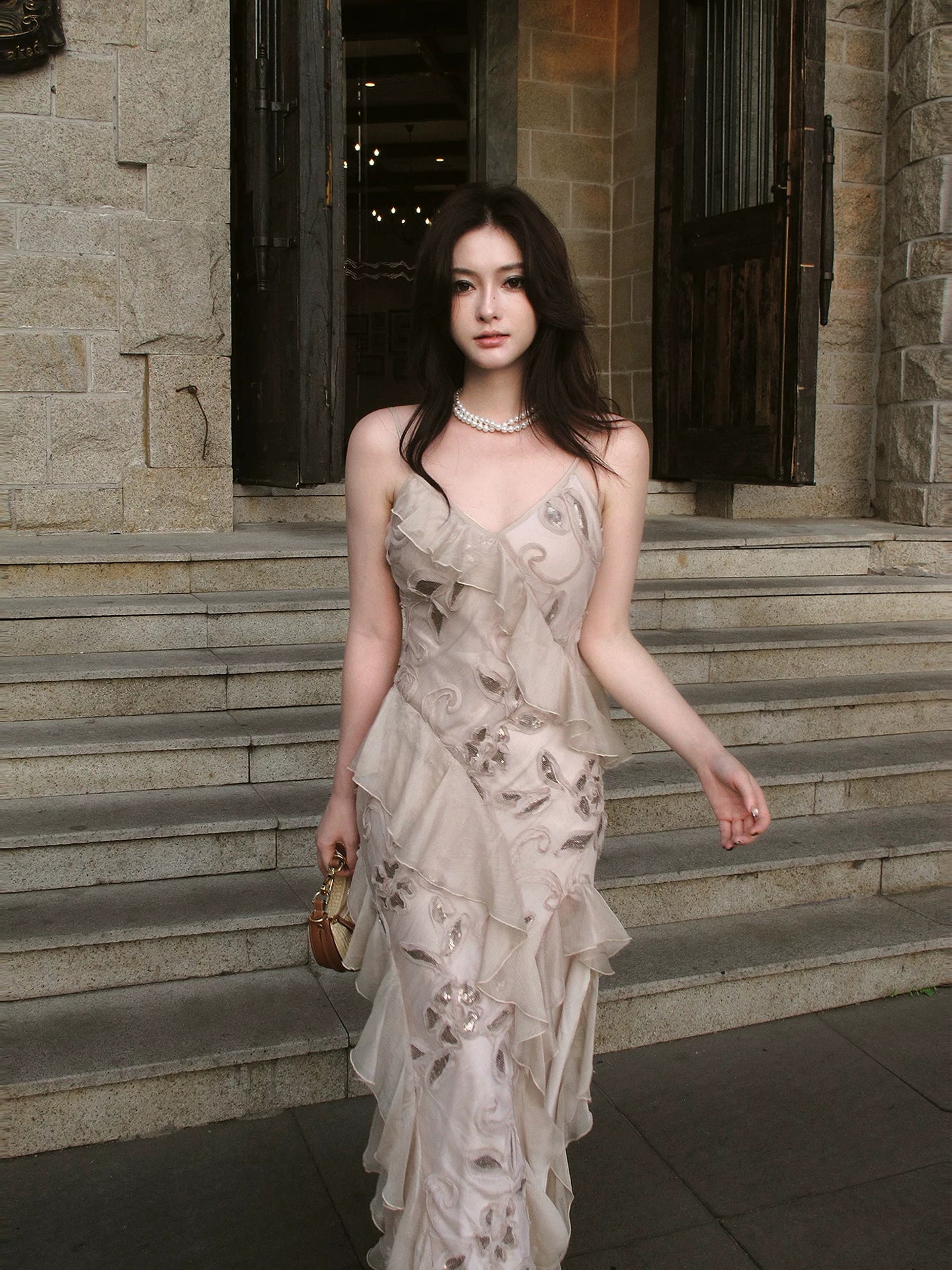 Robe de bal longue sirène élégante à fines bretelles en mousseline rose à sequins roses, à plusieurs couches, tenue de soirée de remise de diplômes esthétique N085