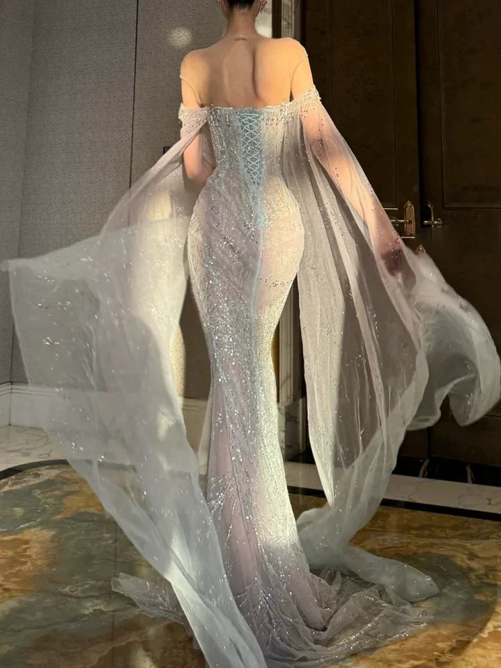 Robe de mariée sirène à paillettes, col rond, manches longues, cape, sequins gris argenté, robe de mariée cintrée AB2336