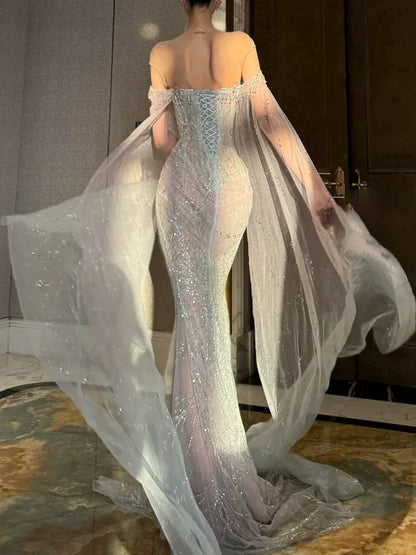 Robe de mariée sirène à paillettes, col rond, manches longues, cape, sequins gris argenté, robe de mariée cintrée AB2336