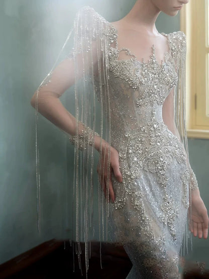 Robe de bal sirène scintillante à décolleté cœur, ornée de sequins et de perles, manches longues, inspiration robe de soirée longue, tenue pour un 20e anniversaire AB2303