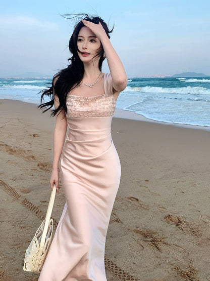 Robe de bal élégante sirène en satin rose, col carré, longueur cheville, idéale pour une soirée d'anniversaire ou un 16e anniversaire (AB2421)