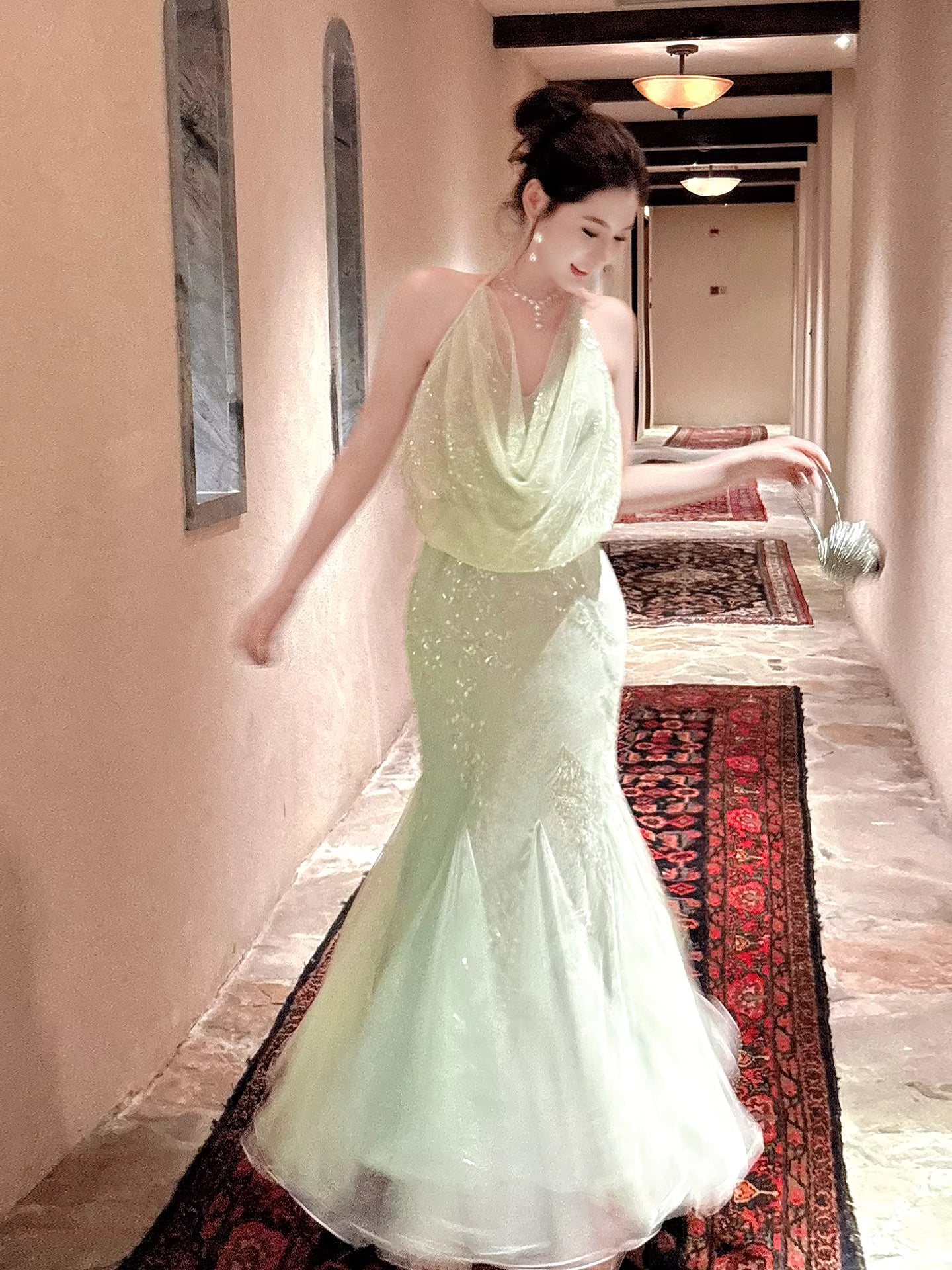 Robe de bal sirène sexy à sequins vert menthe, dos nu, longueur cheville, robe d'invitée de mariage, tenue pour un 20e anniversaire AB2479