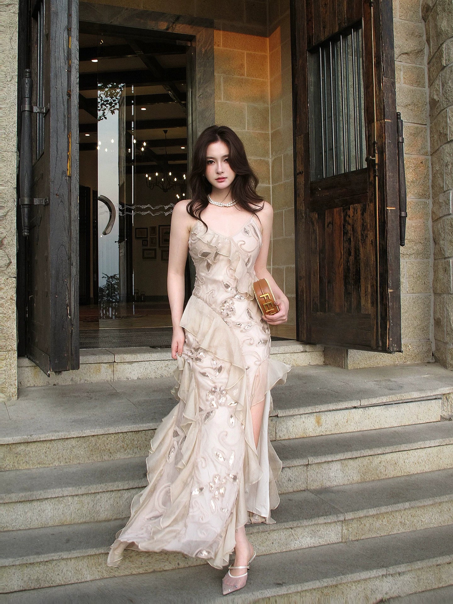 Robe de bal longue sirène élégante à fines bretelles en mousseline rose à sequins roses, à plusieurs couches, tenue de soirée de remise de diplômes esthétique N085