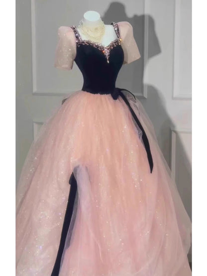 Robe de bal princesse décolletée en cœur, manches courtes, corsage en tulle rose, inspiration robes de soirée longues, tenues pour un 20e anniversaire AB2267