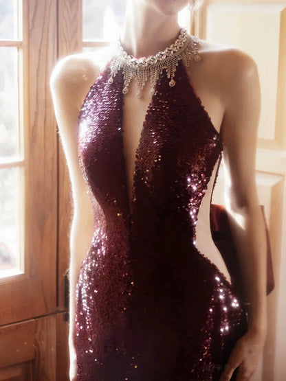 Robe de bal sirène modeste à col montant et sequins bordeaux, inspiration robe de soirée longue pour un 21e anniversaire AB2293