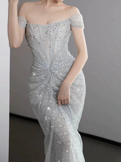 Robe de bal sirène modeste à épaules dénudées, sequins argentés et plissée, inspiration robe de soirée longue pour un 19e anniversaire AB2271