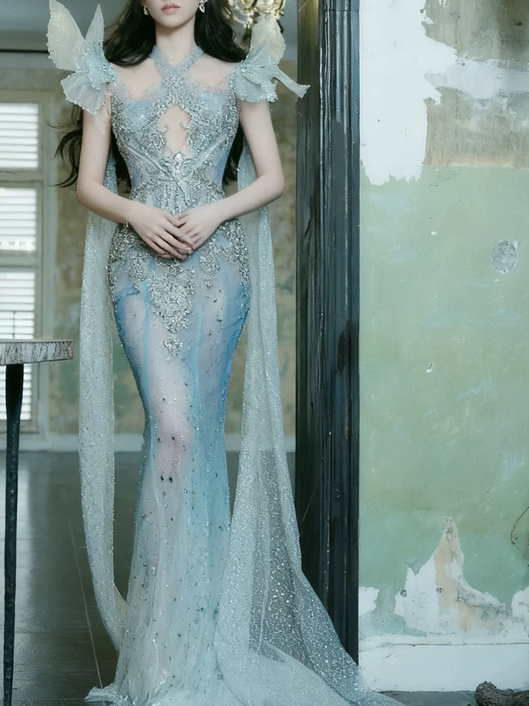 Robe de bal sirène à sequins bleus et perles, style dos nu, inspiration robe de soirée longue, tenue pour un 20e anniversaire AB2296