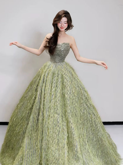 Robe de bal de princesse sans bretelles, bustier à sequins verts, inspiration pour les robes de soirée longues, tenues pour un 20e anniversaire AB2263